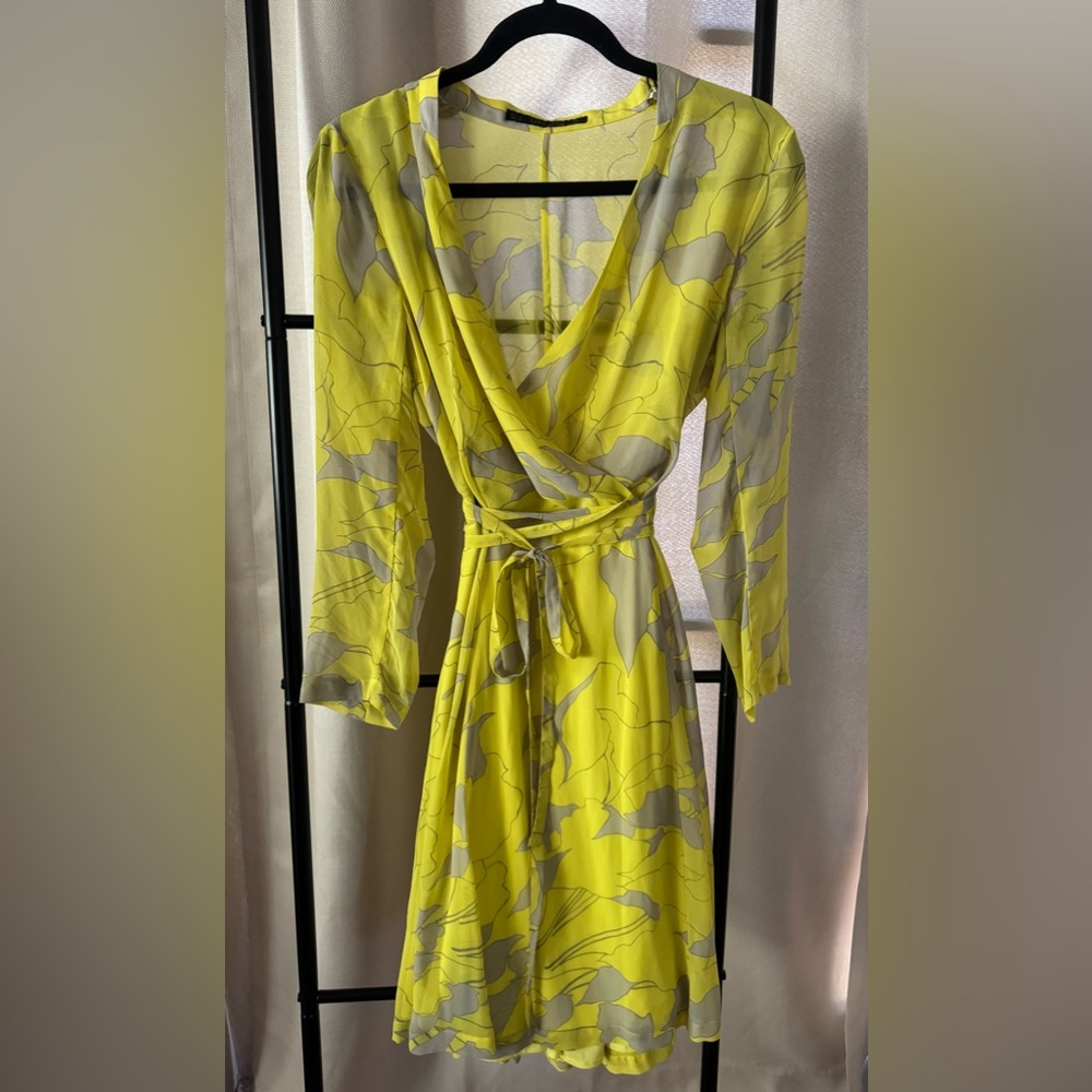 Zara Vibrant Yellow and Gray Wrap Midi Dress